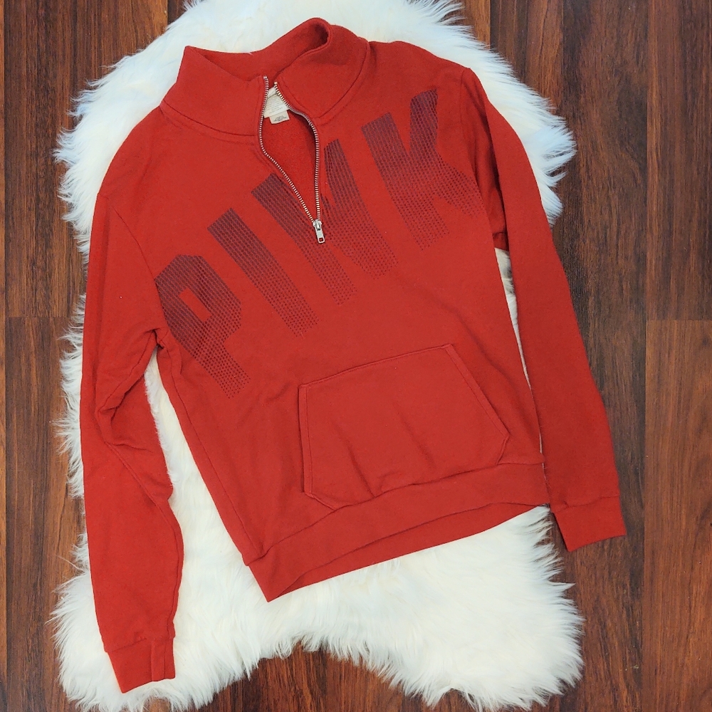 PINK Victoria's Secret Red Pull Over Partial Zip Sweatshirt with Dot Print